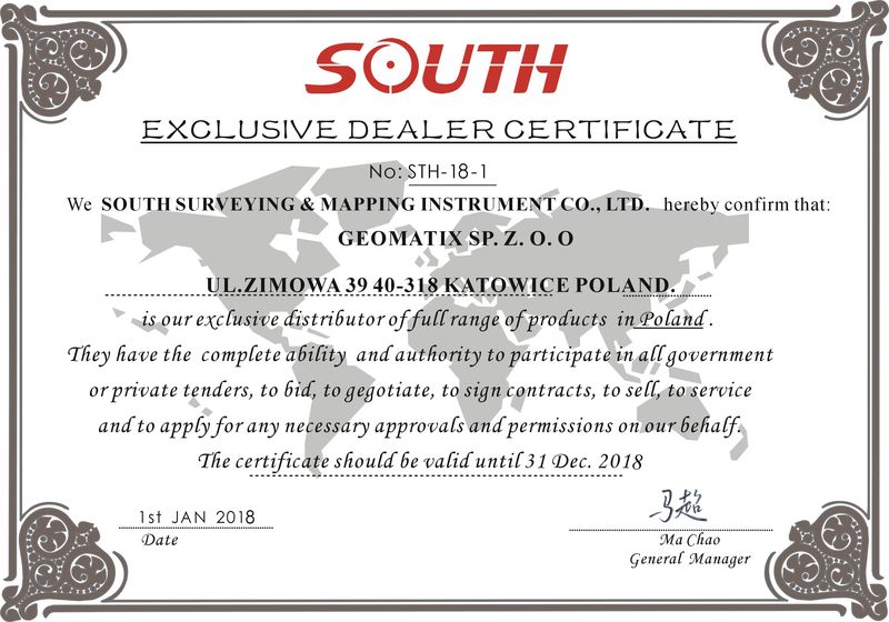 Certyfikat SOUTH Exclusive Dealer&Service 2017-2018
