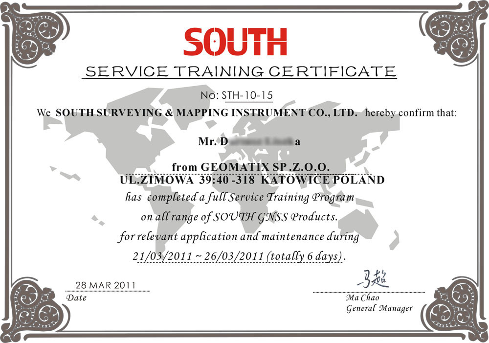 SOUTH Service Training Certificate 2011 - Produkty GNSS GPS