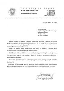 Referencje 2009 dla sprzedaży i wsparcia technicznego oraz opinia o sprzęcie pomiarowym SOUTH od Politechniki Śląskiej, Wydziału Górnictwa i Geologii