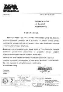 Referencje 2009 dla sprzedaży, wsparcia technicznego i serwisu geodezyjnego od Zakładów Górniczo hutniczych"Bolesław" S.A.