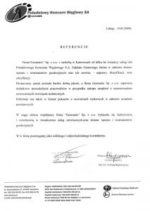 Referencje 2009 dla sprzedaży, wsparcia technicznego i serwisu geodezyjnego od Południowego Koncernu Węglowego S.A. Zakład Górniczy Janina