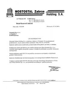 Referencje 2009 dla sprzedaży i wsparcia technicznego oraz opinia o sprzęcie pomiarowym (tachimetr SOUTH) od Mostostal Zabrze Holding S.A.