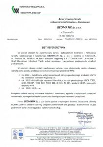 Referencje 2014 dla serwisu geodezyjnego od Kompanii Węglowej S.A. oddział KWK "Brzeszcze"