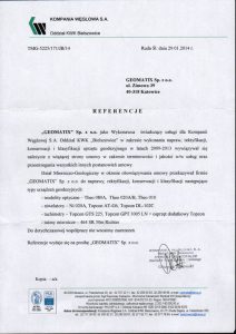 Referencje 2014 dla serwisu geodezyjnego od Kompanii Węglowej S.A. oddział KWK "Bielszowice"
