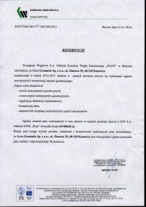 Referencje 2014 dla serwisu geodezyjnego od Kompanii Węglowej S.A. oddział KWK "Piast"