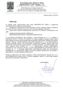 Referencje 2014 dla serwisu geodezyjnego i laboratorium kontrolno-pomiarowego od Przedsiębiorstwa Budowy Dróg "DROGPOL -ZW" Sp. z o.o.