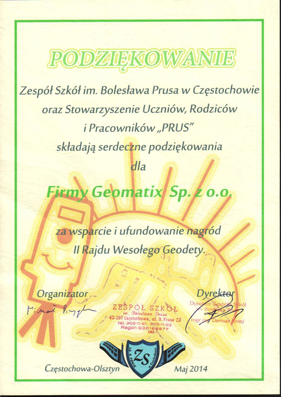 II Rajd Wesołego Geodety 2014 - Podziękowanie dla Geomatix od Zespołu Szkół im. Bplesława Prusa w Częstochowie i stowarzyszenia "PRUS"
