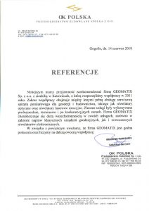 Referencje 2018 dla serwisu geodezyjnego od OK POLSKA Przedsiębiorstwa Budowlanego Sp. z o.o.